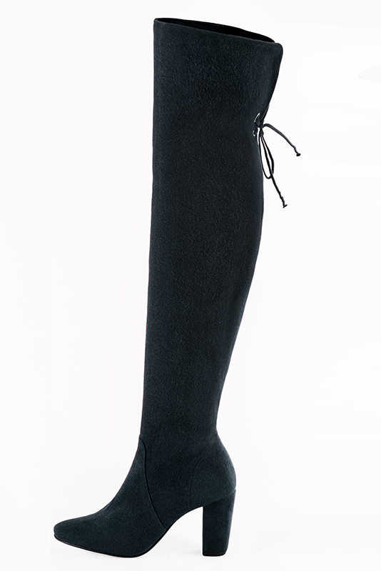 Midnight blue women's leather thigh-high boots. Round toe. High block heels. Made to measure. Profile view - Florence KOOIJMAN